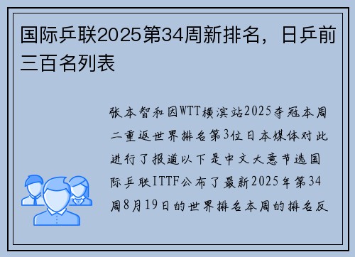 国际乒联2025第34周新排名，日乒前三百名列表
